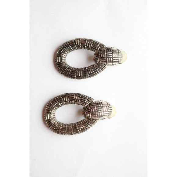 Textured Gunmetal Hoop Medallion Clip-on Earrings - Picture 2 of 6